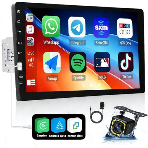 Fuluku 9 Pouces Autoradio1 Din avec Carplay Android Auto Mirror Link, Poste Radio Voiture Bluetooth Supports FM/AM SWC Caméra de Recul Mic Entrée USB TF/USB/AUX