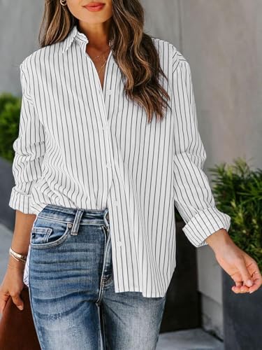 Image of siliteelon Striped Button Down Shirts Women Cotton Long Sleeve Work Blouses