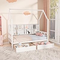 HUMEHA Full House Bed with Roof and 2 Storage Drawers for Kids, Wooden Full Size Bed Frame with Storage Shelves Guardrails and Wood Slats for Boys Girls,No Box Spring Required, White