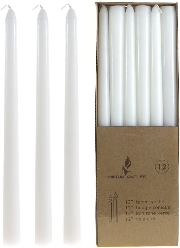 Mega Candles 36 pcs Unscented White Taper Candles, Hand Poured Wax Candle 12 Inch x 7/8 Inch, Home Décor, Wedding Receptions, Centerpieces, Occasions, Events, Romantic Dinners, Prayer, Holders