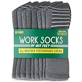 HOT FEET Work Socks for Men – Boot Crew Cotton Socks, Cushioned & Moisture Wicking, Durable 10-Pack, Size 6-12.5, Gray