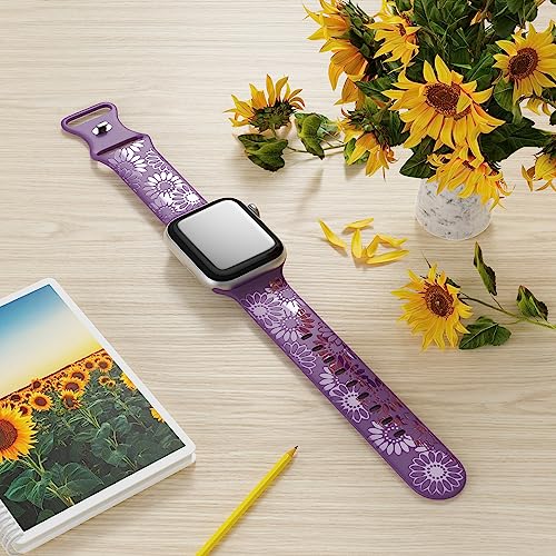 Image of Sunflower Engraved Band Compatible with Apple Watch Bands 38mm 40mm 41mm 42mm 44mm 45mm 49mm Women, Designer Soft Glossy Floral Silicone Strap for iWatch Series Ultra 11 10 9 8 7 6 SE 5 4 3 2 1