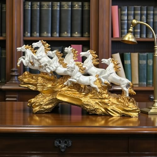 Image of 7 Running Horses Statue for Home Decor, White & Gold Resin Vastu Feng Shui Showpiece, Symbol of Prosperity, Decorative Gift for Living Room, Office, Housewarming, 17.5 Inch