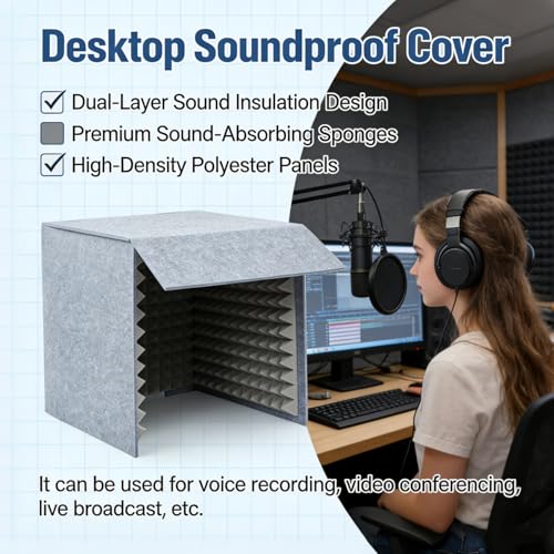 Cabina vocal portátil grande plegable, pantalla de aislamiento de micrófono, caja absorbente de eco para estudio de grabación musical, filtro de reflexión con espuma acústica densa y engrosada, gris miniatura 3