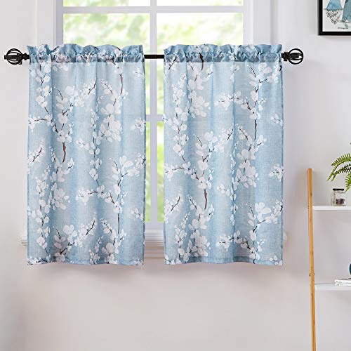 Fmfunctex Blue-White Kitchen Curtains for Bathroom Floral Small Canvas Tier Curtains for Bathroom Basement Windows 24