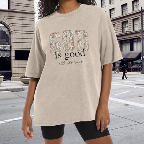 Image of Christian God is Good Shirts for Women Jesus Faith Religious T Shirts Floral Graphic Oversized Acid Washed Tee Tops