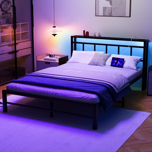 VECOCHO 5ft King Size Bed Frame King Size Bed Base with Headboard and Charging Station,Heavy Duty Metal Platform with LED Lights,Queen Size Bed150x200cm,Mattress Base No Box Spring Needed,Black