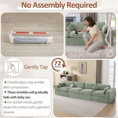 Image of 146''Cloud Boneless Sectional Couch, Modular Sectional Sofa Deep Seat, Oversized Upholstered Convertible Comfy 4 Seater Chenille Memory Foam Sofa Couches for Living Room, Green
