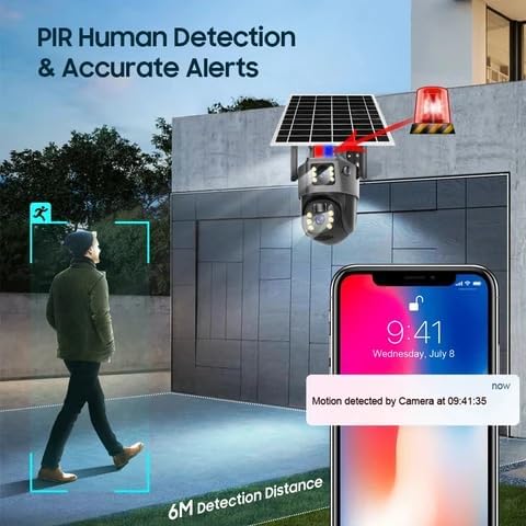 Image of securinnov Dual Lens Solar Powered PTZ Outdoor CCTV Camera | 360 View | Color Night Vision | Motion Detection | Two Way Audio | 4G SIM-Based Camera with Mobile App V380 Pro (Dual Lens Solar)