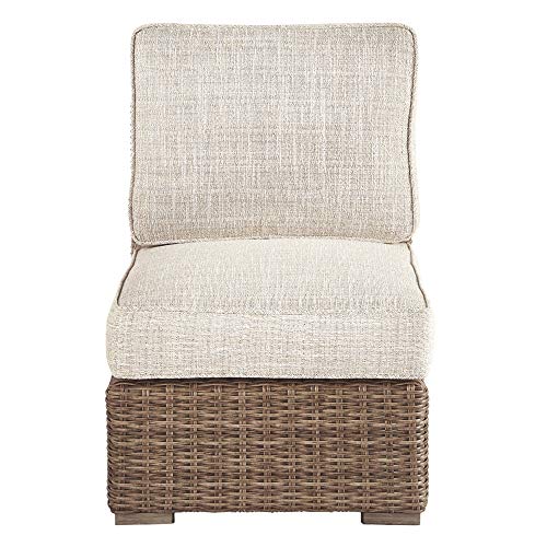 Signature Design By Ashley Beachcroft Outdoor Wicker Patio Sofa With Cushion And 2 Pillows, Beige, Light Gray & Beachcroft Patio Farmhouse Outdoor Wicker Cushioned Armless Chair, Beige #TOP5