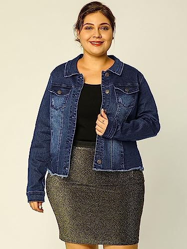 Agnes Orinda Women's Plus Size Classic Washed Front Frayed Denim Jacket2