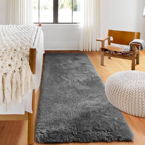 Image of Luxury Shaggy Carpet Solid Plain Fluffy Fur Rectangular Rugs For Bedroom Living Room 2X6 Feet Microfiber & Polyster Modern Interior Floor Mat Grey