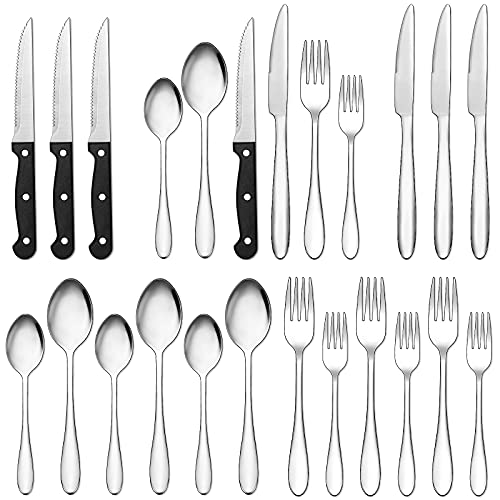 24 Pcs Silverware Set, CEKEE Stainless Steel Flatware Cutlery Set for 4, Tableware Include Fork Spoon Steak Knives, Mirror Polished Cutlery Utensil Set, Dishwasher Safe
