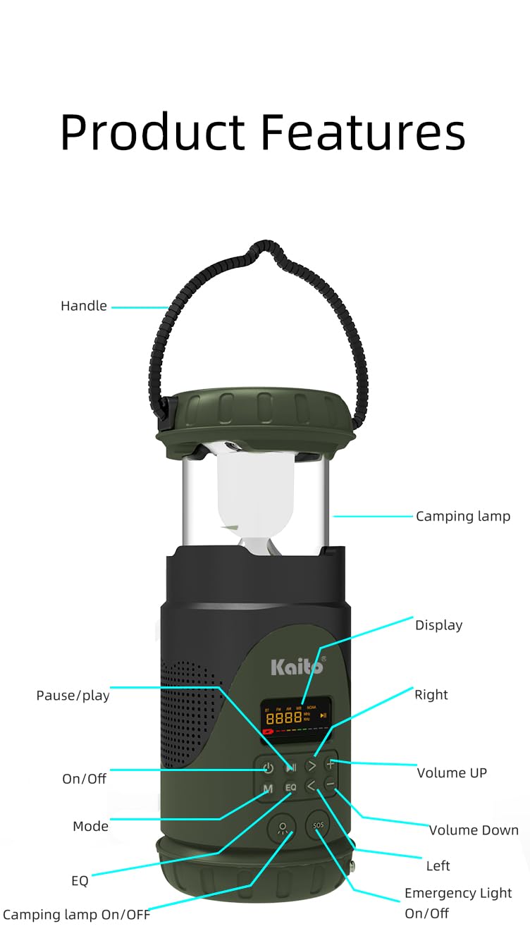 Kaito KL101 Linterna y linterna de emergencia para camping, manivela y energía solar, batería recargable de 5000 mAh, radio AM/FM/clima, impermeable, alarma SOS, carga USB