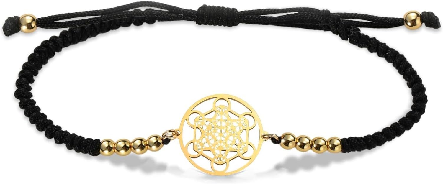 Faozhuo Sacred Geometry Metatrons Cube Bracelet for Men Women Adjustable Stainless Steel Braided Colorful Beaded Cord Jewelry Archangel Seals Amulet, Metatron Cube-b