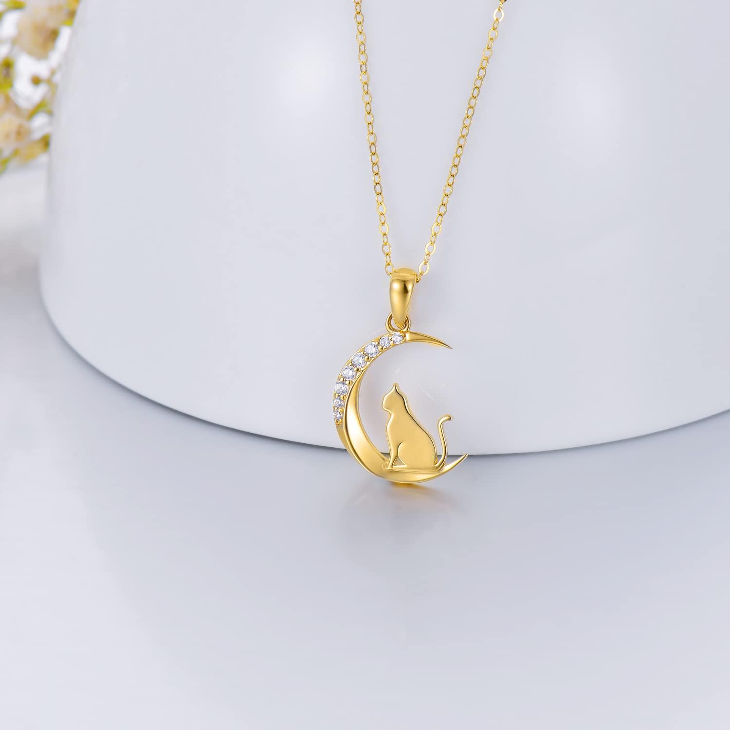 14k Gold Cat and Moon Pendant Necklace for Women, Real 14 Karat Gold Jewelry for Wife/Girlfriend, Birthday Gifts for Her, 16-18 Inch - Image 4