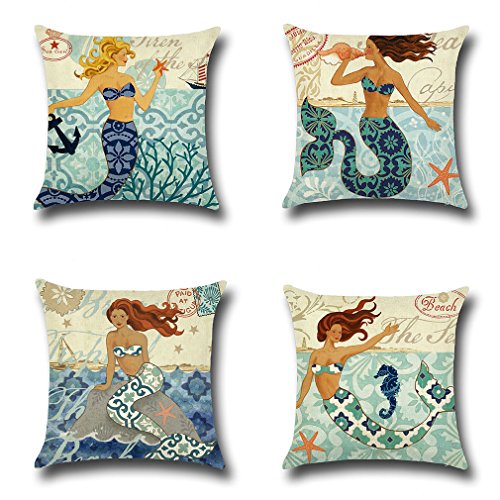 LEIOH Mediterranean Style Mermaid Beach Decor Cotton Linen Decorative Throw Pillow Case Cushion Cover Sets of 4 18X18 Inches