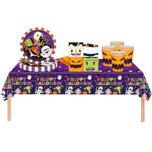 53Pcs Halloween Party Tableware Set for Table Decor Cartoon Orange 137x274cm Large Plastic Tablecloth Halloween Party Paper Plates Cups Napkins Dinnerware Set for Scary Favor Tableware