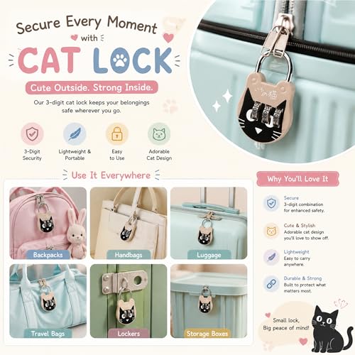 Image of GLUN Printed Cute Cat 3 Number Rechangeable Combination Pad Lock, Metal Body Paint Coated Number Lock for Luggage & Bags