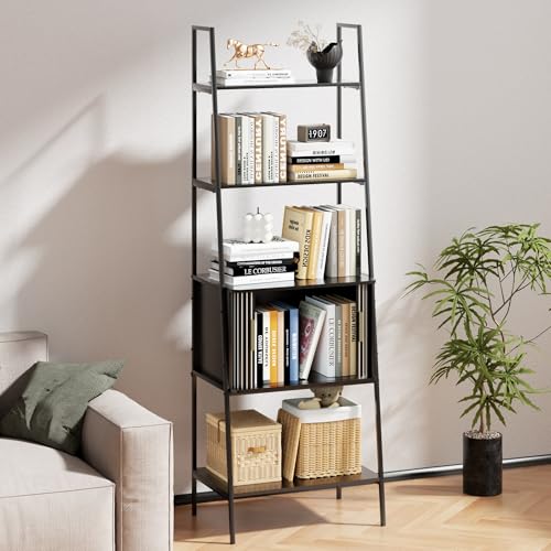 Image of LUVIOHOME 4 Tier Bookshelf with Drawer,Tall Narrow Bookcase with Shelves, Wood and Metal Bookshelves Storage Organizer,Industrial Display Standing for Living Room, Home Office, Entryway (Black)