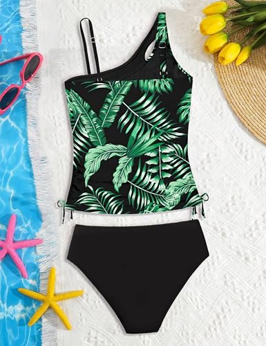 Image of AGAPENG Girls Swimsuit Two Piece One Shoulder Tankini Floral Print Drawstring Swimwear Set 7-14Y