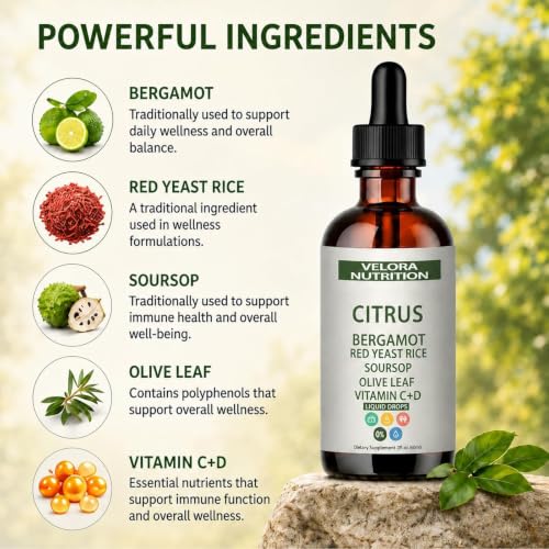 Image of velora Red Yeast Rice Drops with Citrus, Bergamot, Red Yeast Rice, Soursop, Olive Leaf, Vitamin C+D, Non-GMO, Vegan 2 fl oz
