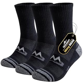 Niorasen Men's Sports Socks 3 Pairs, Anti Blister Cushioned Crew, Breathable Multi-Performance Trekking Running Black 9-12