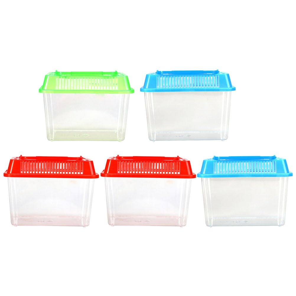 PRETYZOOM 5pcs Small Plastic Fish Tank, Portable Lizard Cage with Breathable Lids, Clear Reptile Carrier, Tarantula Enclosure Breeding Cage, Mini Fish Aquarium(Assorted Color Lid)