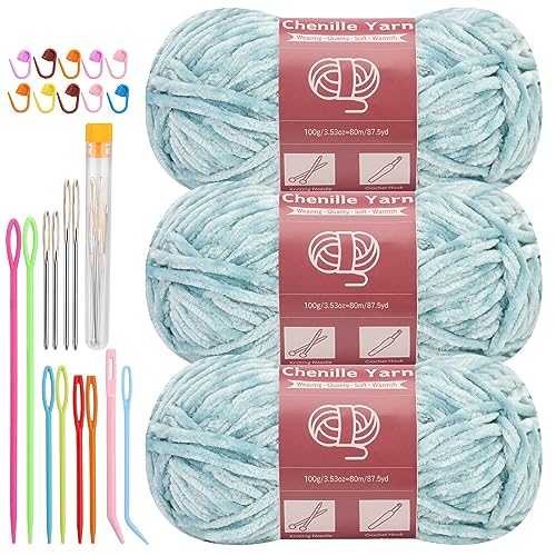 Image of LUNARM Chenille Yarn 3 Pack 3.5oz Chunky Blanket Velvet Yarn 263 Yard | Light Green Chunky Chenille Yarn for Beginners Crocheting Hand Knitting Scarves with Big Eye Needles Machine Washable