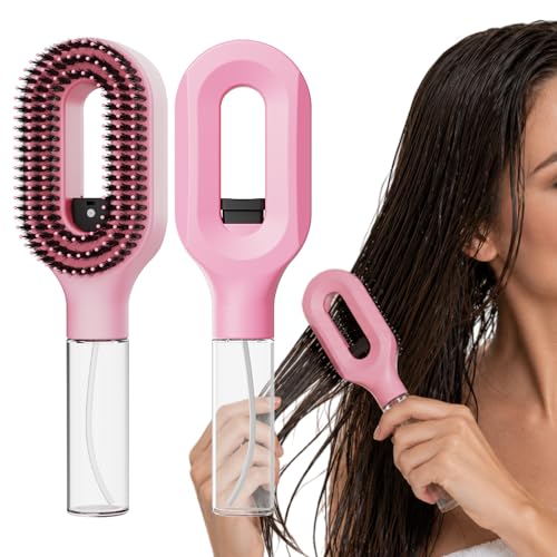 Manual Spray Hair Brush with Fine Mist for Frizz Control Pink