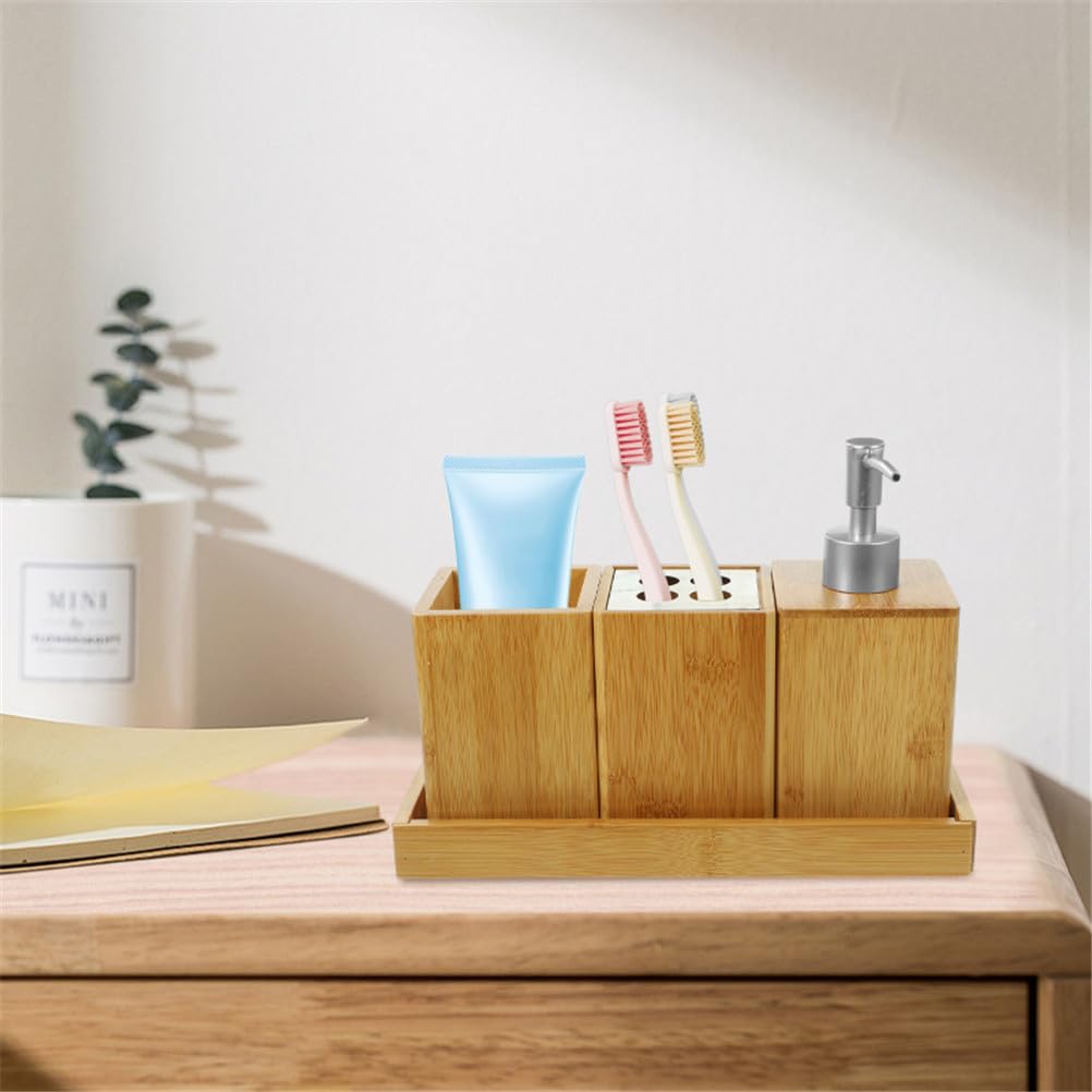 Juego de Accesorios de baño de bambú de 4 Piezas con Bandeja, dispensador y portavasos de Varios tamaños
