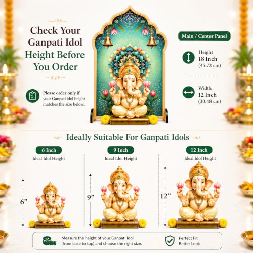 Image of Ganpati Decoration Setup for Home, Premium MDF Ganesh Chaturthi Backdrop Stand, 3 Panel Traditional Mandap Decor for Pooja, Aarti, Festival & Housewarming, Suitable for up to 12 Inches Ganpati.