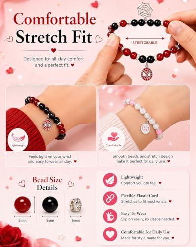 Image of Spider-Man Inspired Couple Bracelets 2pcs - Magnetic Attraction Heart Charm, Glass Beads, Spider Pendant, Marvel Theme Party Accessory, Valentine's Day Gift, Suitable for All Seasons