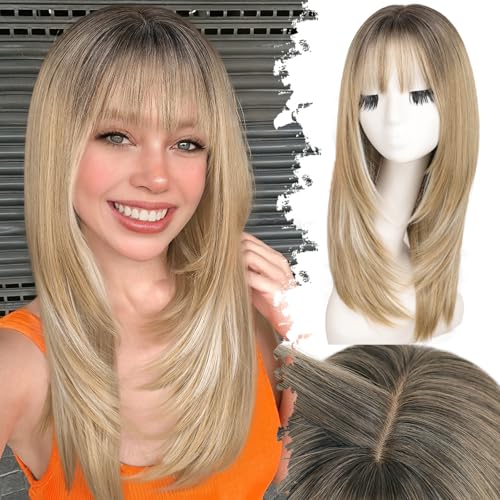 Eawwii Wig with Bangs for Women Ash Blonde with Silver