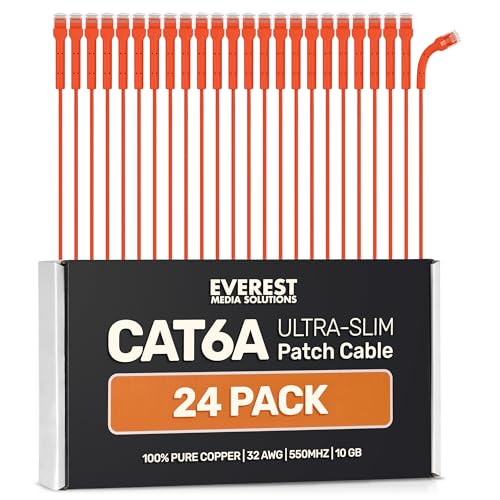 Image of Everest Ultra Slim Cat6a Ethernet Patch Cables 0.5ft (24-Pack) Orange | Bendable, Thin and Flexible