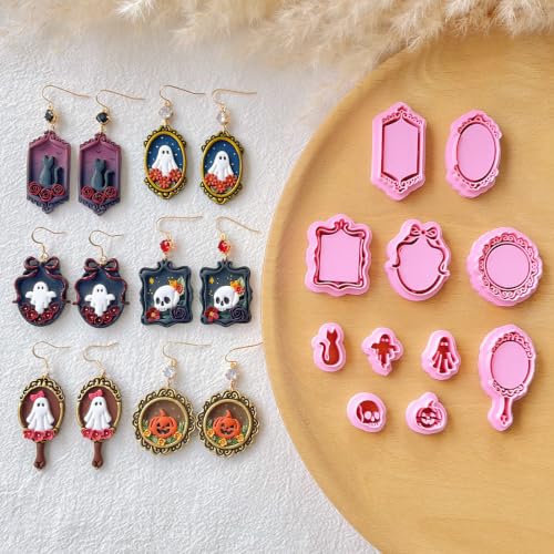 Keoker Vintage Style Halloween Clay Cutters 11 Shapes Halloween Clay Cutters for Polymer Clay Jewelry Vintage Frame Polymer Clay Cutter