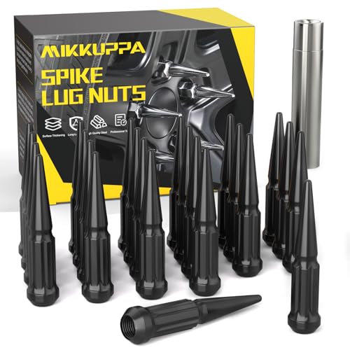 Image of MIKKUPPA 12x1.5 Spike Lug Nuts - 24pcs M12x1.5 Lug Nuts, 3 /4 Inch Hex, 4.4 Inch Tall, Conical Bulge Seat - Black Closed End Nuts with 1 Socket Key