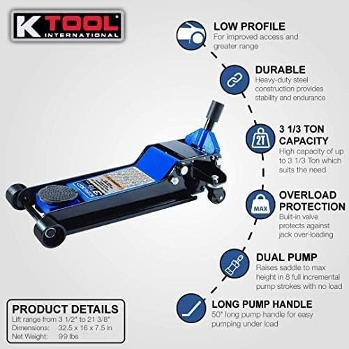 K Tool International Low Profile 3.33 Ton Service Jack; Chassis Length 28-1/3", Dual Pump Piston for Rapid Rise, Long Range Handle, Heavy Duty Steel, Hydraulic Ram Protection; KTI63133A