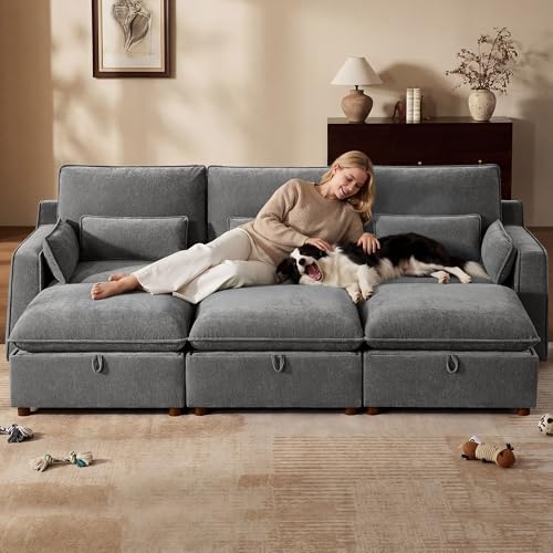 Image of WorthFurni Modern Modular Sectional Sofa,103 inch Sleeper Sofa Bed Minimalist Couch with Storage Ottoman,Comfty 6 Seat Sofa for Living Room,Grey Chenille