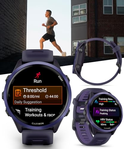 Image of Garmin Forerunner 570 47mm Advanced GPS Running & Triathlon Smartwatch AMOLED Display, Training & Recovery, Indigo Aluminum w /Translucent Imperial Purple /Indigo Band w / Wearable4U White EarBuds Bundle