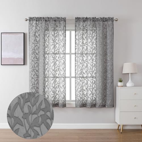 Lecloud Leia Jacquard Leaf Charcoal Grey Sheer Curtains for Living Room 54 Inch Length 2 Panels, Lightweight Clip Textured Voile Gray Bedroom Curtain & Drapes with Dual Rod Pockets, 38x54 Inches
