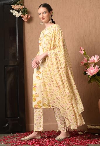 Image of Amazon Brand - Tavasya Women Cotton Anarkali Kurta Pant Dupatta Set | Printed Ethnic Suit Set | Flared Anarkali Kurta with Pant & Dupatta | Festive & Casual Wear