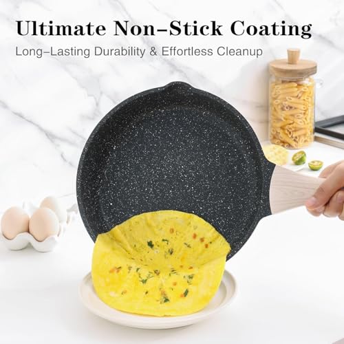 Image of Non-Stick Frying Pan with Wooden Finish Soft Touch Handle, 2.5mm Thickness, Consumes Less Oil, Even Heat Distribution, Induction Bottom and Gas Ready (Black, 20cm+24cm)
