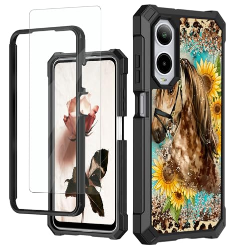 RAUEDWDJS for Cricket Debut S3 2024/AT&T Vista 2 Phone Case with Tempered Glass Screen Protector,Full-Body Hard PC & Soft TPU Bumper Shockproof Protective Case-Horse Leopard Print Sunflower