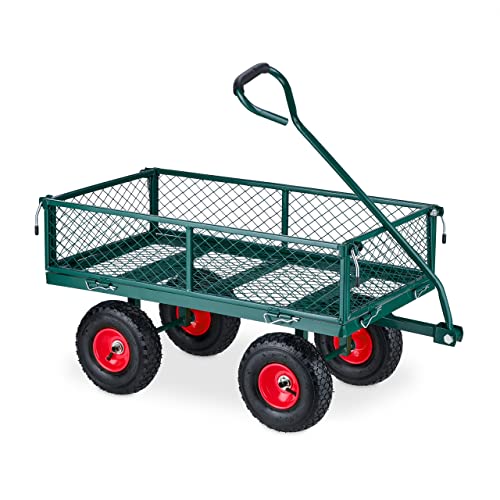 Relaxdays Carro Carretilla Mano, Práctica Carreta de Jardín, Neumáticos, Laterales Plegables, hasta 200 kg, Verde/Rojo, Caucho, 50 x 50 x 110 cm