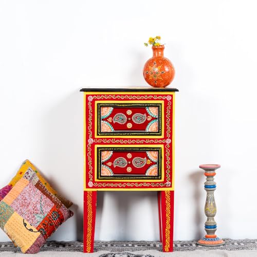 Image of Wooden Bedside Table for Bedroom with Drawer | Solid Wood Handcrafted Bed Side Table | Antique Side Table for Home Decor | Decorative Chest of Drawer for Living Room (Red)