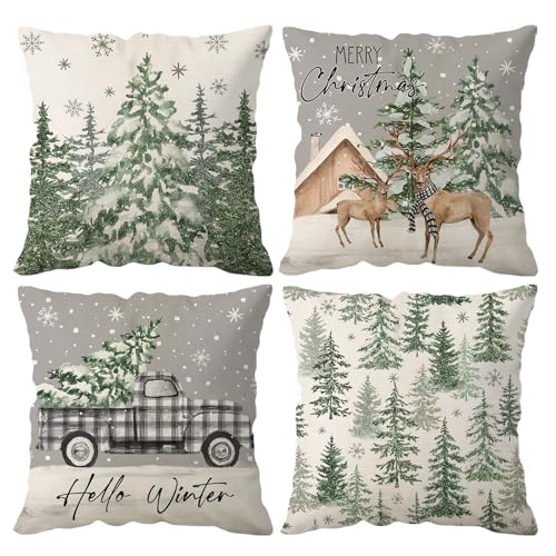 Joyshare Weihnachts-Kissenbezüge 4 Stück, 50x50 cm Leinen...