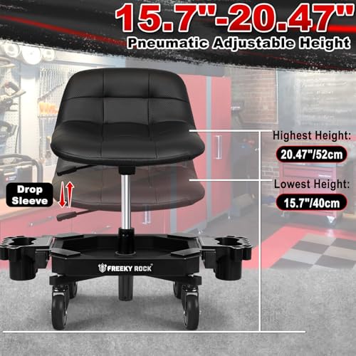 Image of Rolling Stool with Wheels, Adjustable Height Pneumatic Garage Work Mechanic Stool Seat with Backrest, 400 LBS Capacity 360 Swivel Mechanic Crepper Chair with Tool Tray Storage, Black