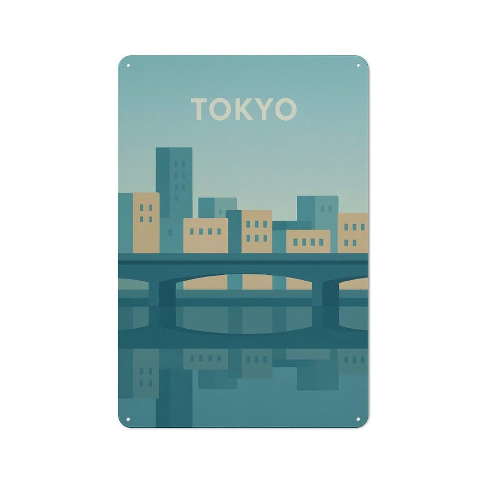 Tokyo Minimalist Cityscape Reflection Art Farmhouse Metal Sign 30x20cm, Rustic Cottage Wall Art for Cottage, Kitchen, Hallway Or Breakfast Nook