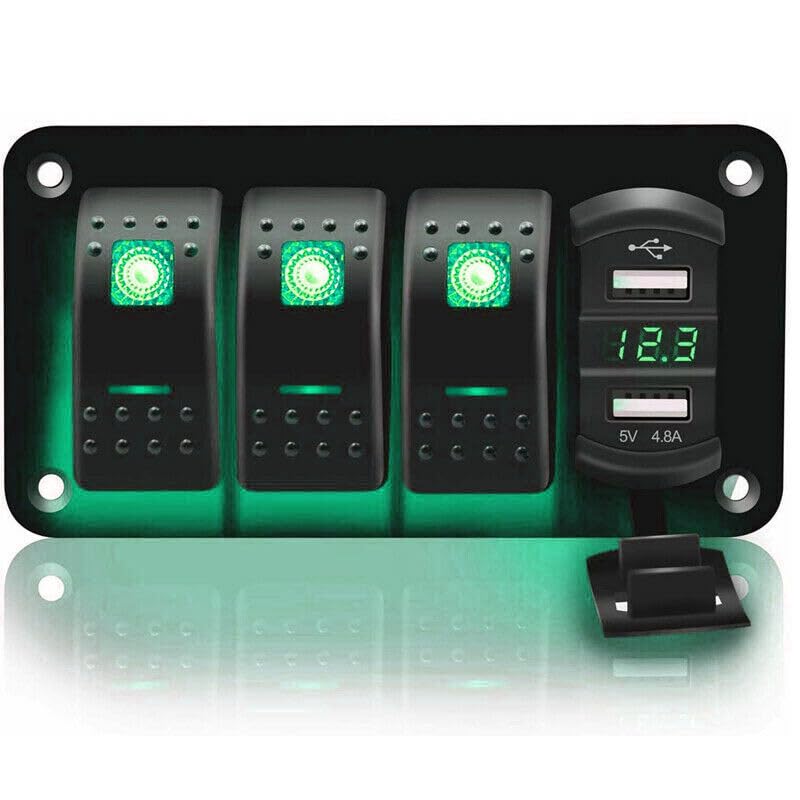 Boat Car RV Power Panel 3 Switch Combination with USB Charger Green LED Light